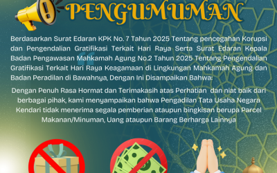 Pengemuman Surat Edaran KPK No. 7 Tahun 2025 Tentang pencegahan Korupsi dan Pengendalian Gratifikasi Terkait Hari Raya Serta Surat Edaran Kepala Badan Pengawasan Mahkamah Agung No.2 Tahun 2025 Tentang Pengendalian Gratifikasi Terkait Hari Raya Keagamaan di Lingkungan Mahkamah Agung dan Badan Peradilan di Bawahnya