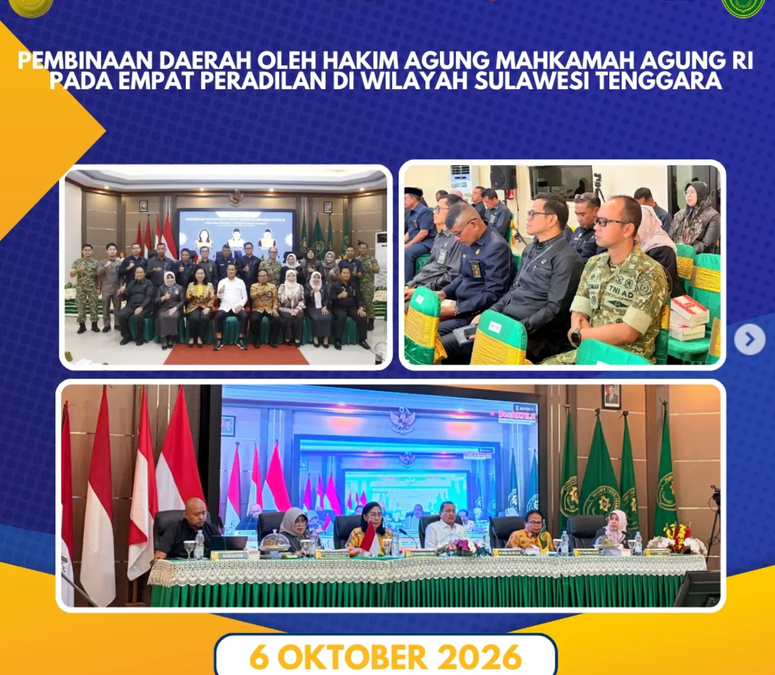 Pembinaan Daerah oleh Hakim Agung Mahkamah Agung Republik Indonesia Ibu Dr. Sudharmawatiningsih, S.H., M.Hum. bersama Bapak Dr. Ibrahim, S.H., M.H., L.L.M dan Bapak Dr. H. Mamat Ruhimat, S.H., M.H. kepada empat lingkungan peradilan di wilayah Sulawesi Tenggara.